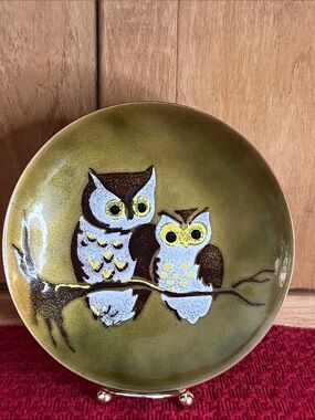 Vintage Bovano of Cheshire Conn. Enamel on Copper Owls Plate. Original Gold Tag!